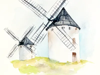 Whitewashed windmills with dark sails rise above grassy terrain architecture classic countryside europe farm green hillside landmark landscape mill nature old rural soft style traditional vintage watercolor wind windmills