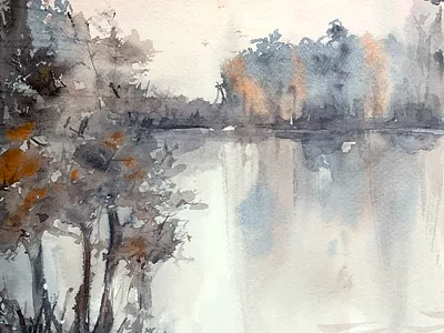 Watercolor painting captures tranquil lake scene art blue calm drawing fog lake landscape misty morning nature painting pond reflection river seasonal soft spring sunrise watercolor watercolour
