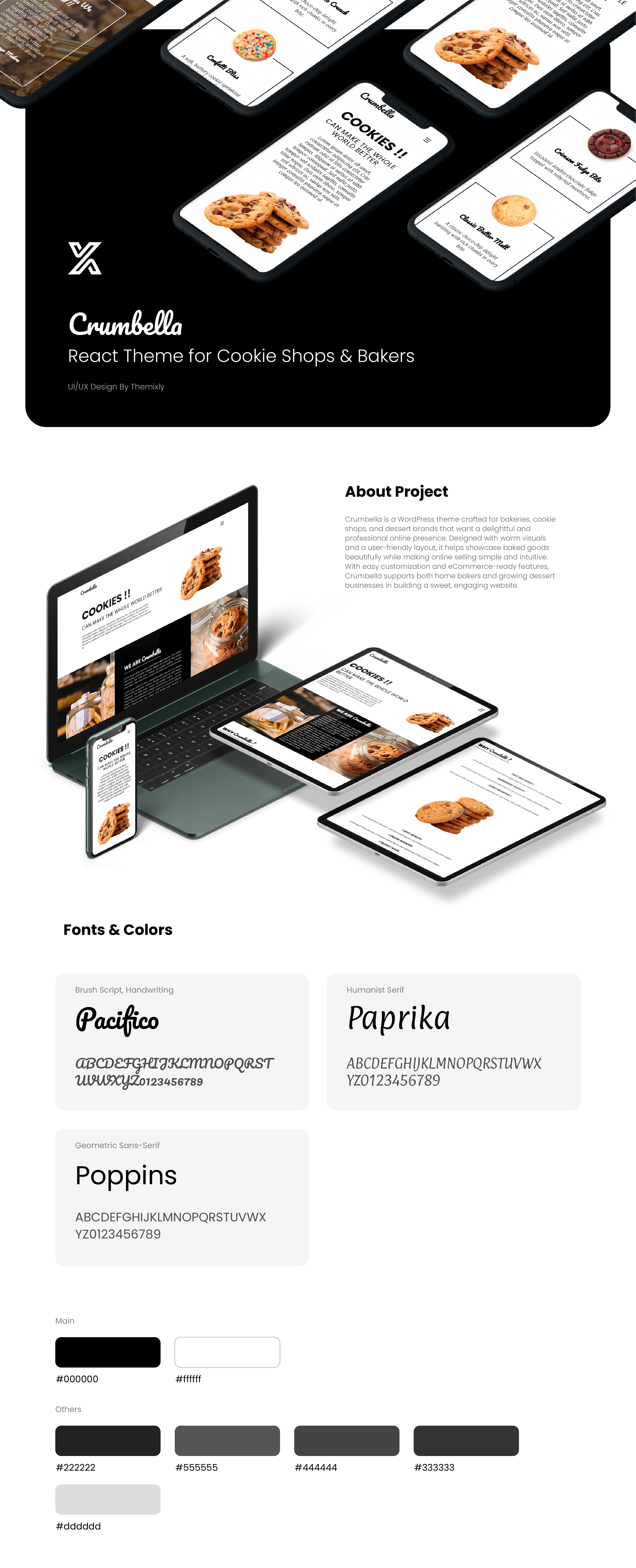 Crumbella – Bakery & Cookie Shop React Template bakery dessert website food branding food website landing page minimal design modern ui product showcase react templates responsive design themixly ui design ux design web design website design website template