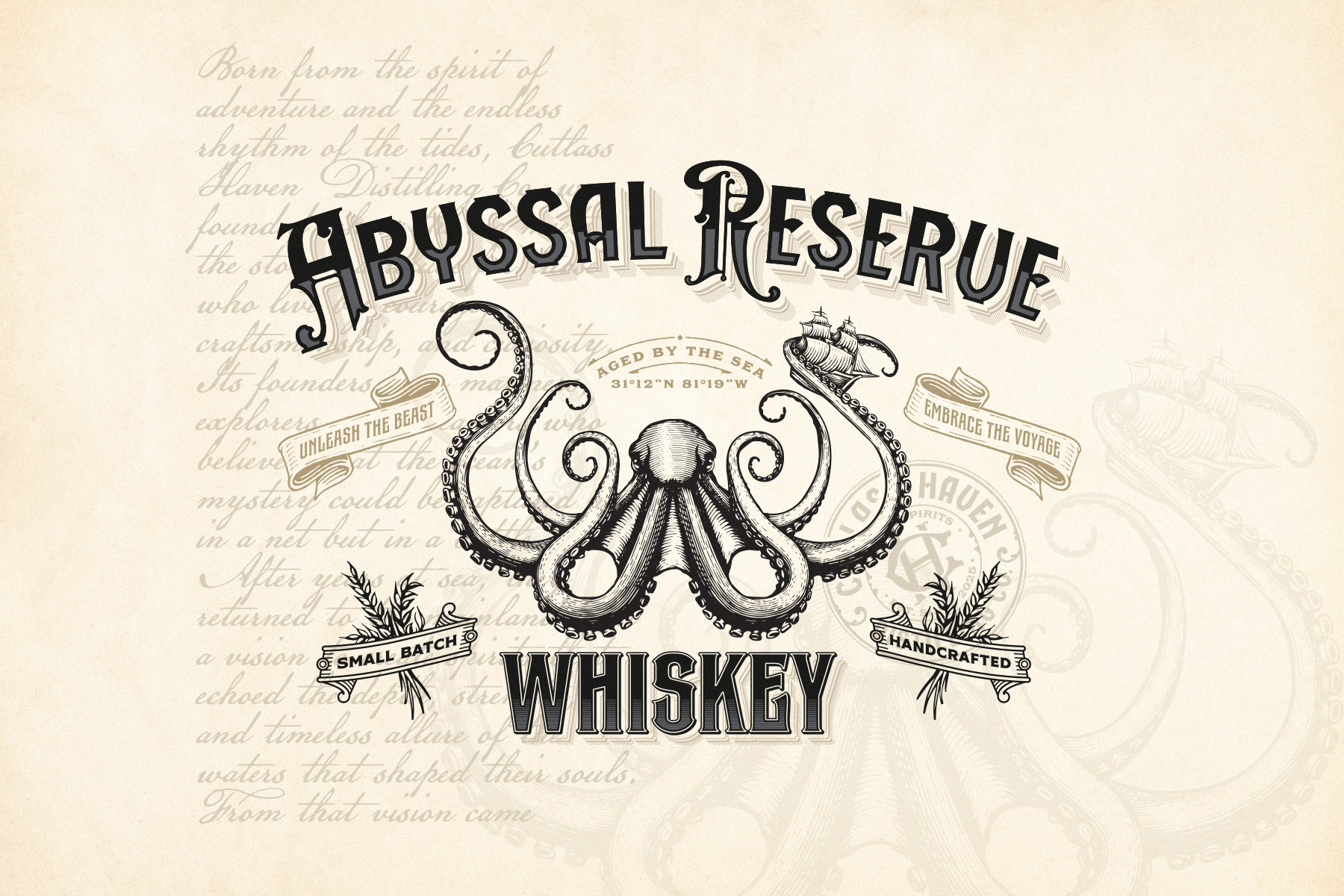 Abyssal Reserve project artisan bourbon label branding distillery illustration kraken kraken logo label label design logo logo design octopus rum rum label spirits label vintage vintage label whiskey whiskey label whisky
