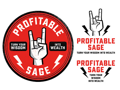 Profitable Sage Corporate Identity Design black business coaching coin distressed entrepreneur heavy metal horns knowledge lightning bolt middle age red roundel salute vector wealth