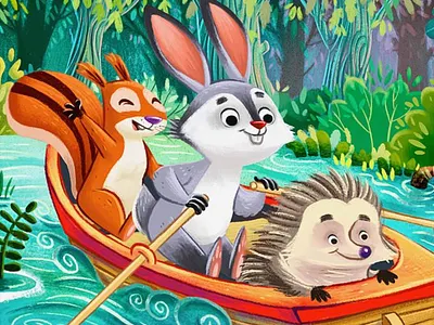 River Tales & Tree Swings: Storybook Adventures 2d animation style adventure illustration animal characters book cover design character design childhood joy childrens book illustrator childrens publishing cute bunny art digital painting educational art forest adventure kidlitart. kids book art picture book illustration storybook artist vibrant colors visual storytelling whimsical art woodland friends