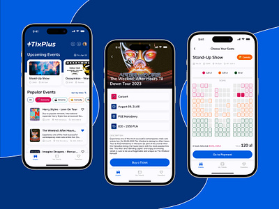 TixPlus - Event Ticket App🎫 branding cinema concert design digital design events figma graphic design illustration ios logo mobile app show tickets tix ui user experience user interface ux visual design