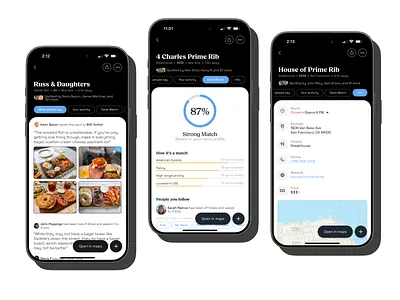 Food App — Spot Detail & Taste Matching UI app design clean consumer app dark mode ios mobile app product design social app startup ui design