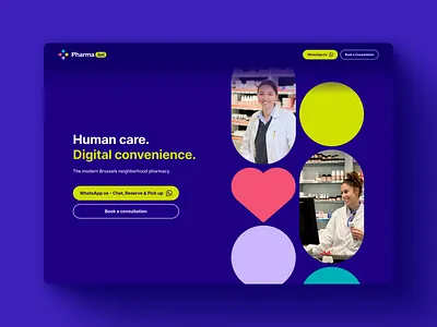 Pharma.bxl Pharmacy Website bold typography colorful ui dark ui digital health health tech healthcare hero section landing page medical website pharmacy pill pills purple ui ui design ux design web design