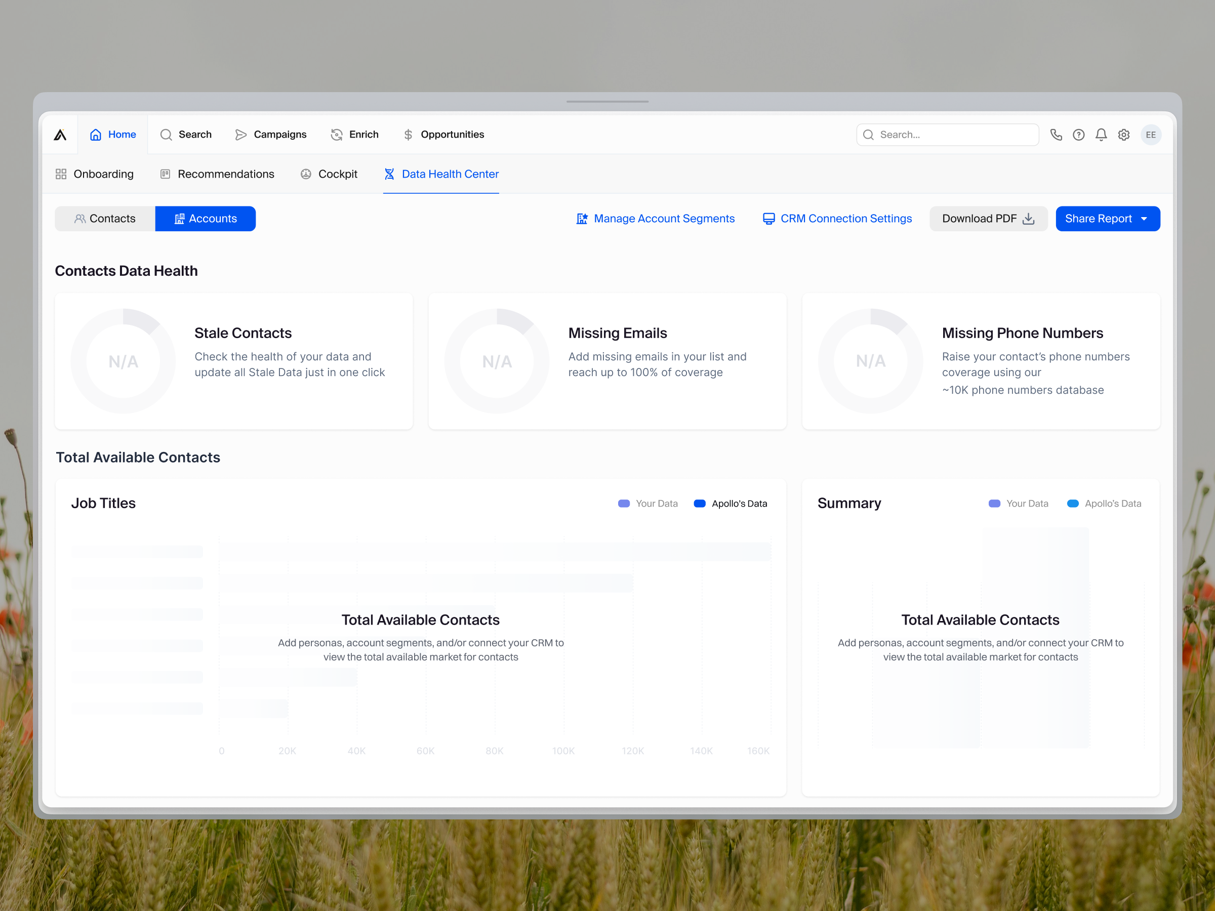 Data Health Center Empty States ai apollo cards clay clearbit dashboard data design empty state enrichment health layout light listing onboarding ui zoominfo
