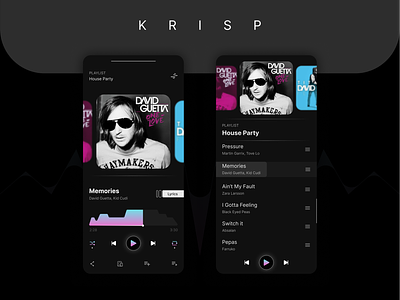Krisp Music Player aesthetic app design audio dark theme design gradient graphic design iconography music player player playlist spotify ui ui ux