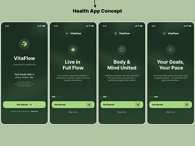 VitaFlow — Holistic Health & Wellness Onboarding 🌿 animation appdesign appsui branding casestudy clean darkmode fitness glassmorphism healthapp iosdesign minimal mobileui motion graphics newuidesign onboarding productdesign ui ux wellness