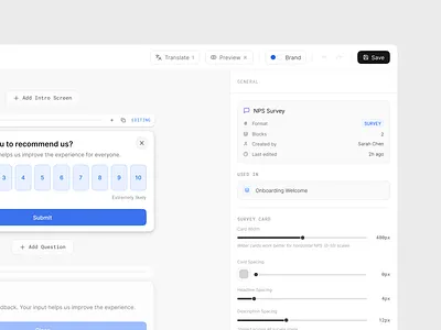 NPS Survey builder - Countly UI ai analytics blocks builder button menu navigation panel scale sidebar sidepanel slider survey tiles ui ux webapp