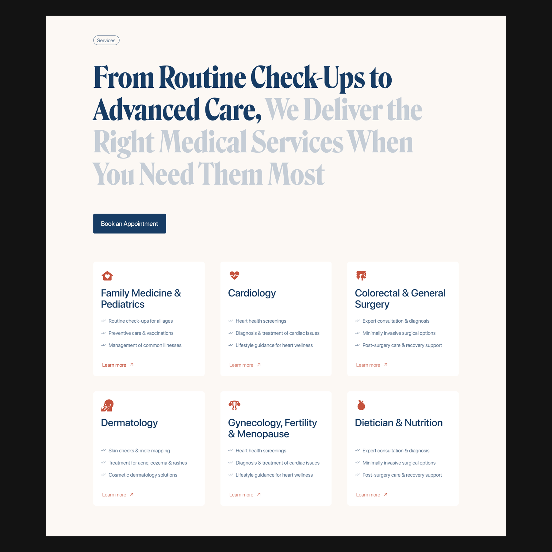 Luxury Clinic website services section branding calm clinic editorial healthcare icon interaction luxury medical medicine megamenu menu servieces sidemenu skincare soft warm