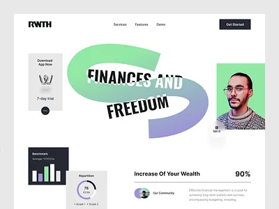 Finance Management for Personal Freedom analytics banking budgeting clean ui dashboard finance fintech gradient hero section investment landing page minimalist saas wealth management web design