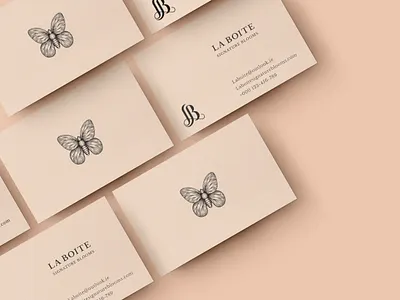 LA BOITE Signature Blooms - shop card design branding business card butterfly crosshatch elegant florist flowers hand drawn illustration monogram vector woodcut