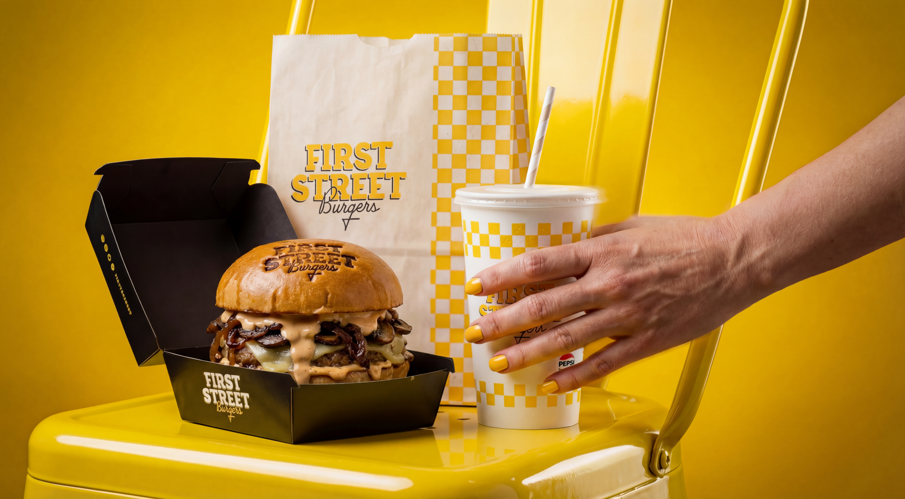 First Street Burgers Brand & Packaging brand identity branding branding design burger burger packaging coke cup fries tray logo package packaging packaging design retro streetfood urban vintage