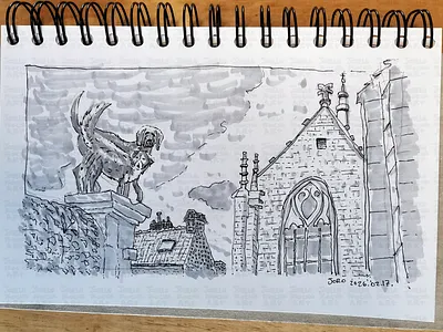 Living Dogs-Like Statues architectural illustration architecture canine memorial art church dog statue art drawing gargoyle gothic greyhound statue historical building art ink wash painting pen pen and ink drawing roof sketchbook stone cathedral drawing urban sketching vintage aesthetic window