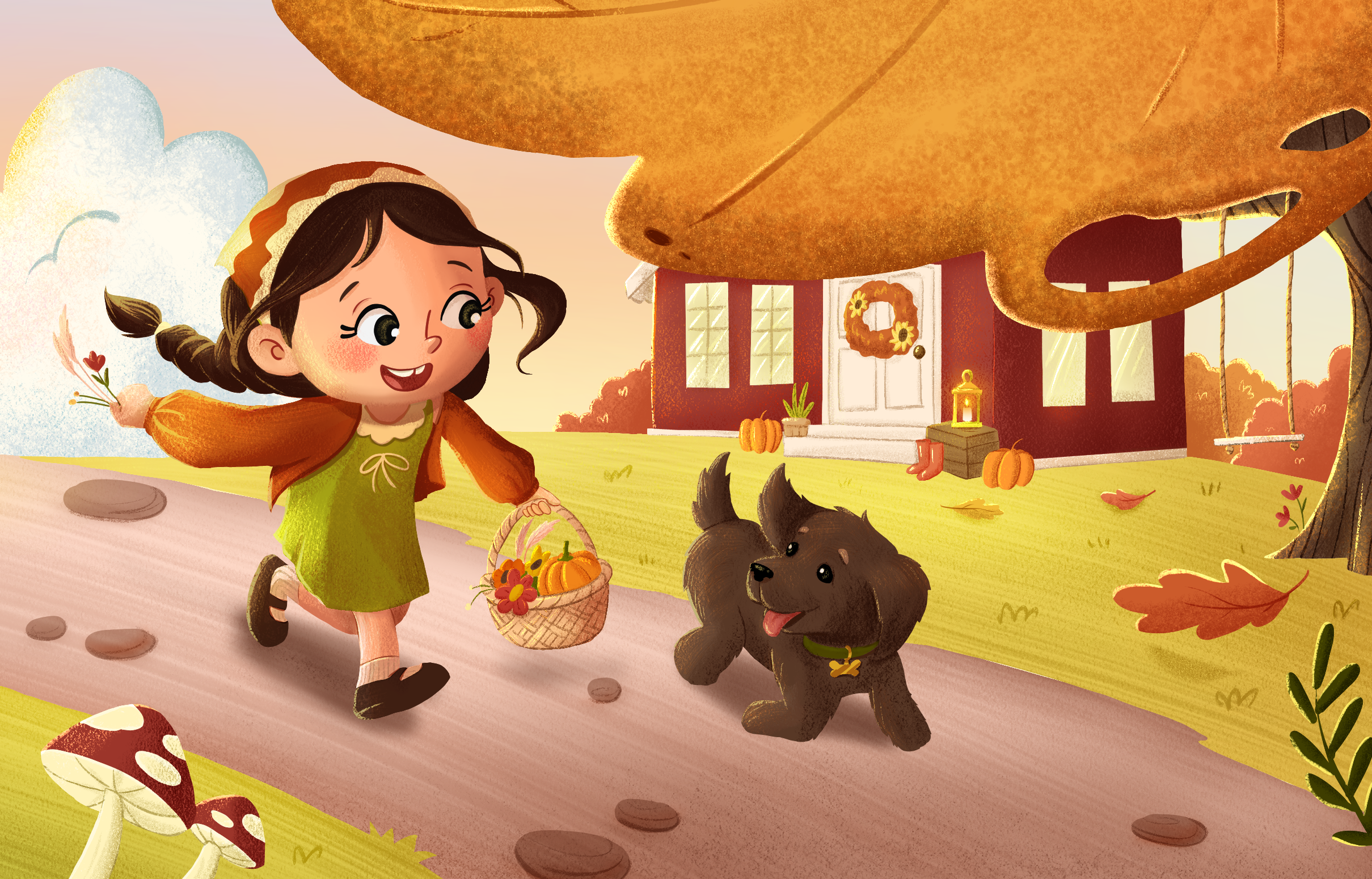 Leaves, Laughter and A Little Turkey book branding cartoon character design childrens book colorful cute dachshund design digital art digital drawing fall illustration kids lily maple procreate storybook thanksgiving ui
