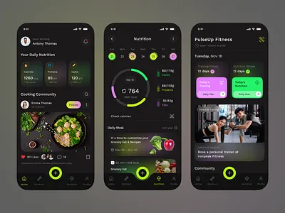 PulseUp Fitness – Nutrition & Workout Tracker Mobile App UI app design app ui artspire best food dark ui dashboard design figma design fitness app fitness dashboard health health analytics meal planner mobile app nutrition tracker ui ui design ux workout