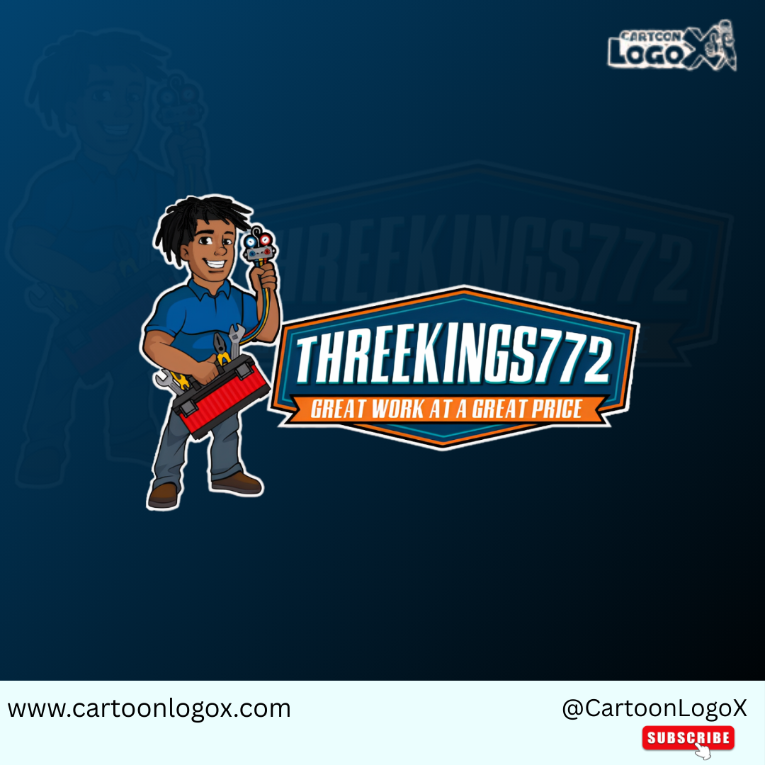 Cartoon Electrician Mascot Logo for THREEKINGS772 | CartoonLogoX brand identity branding cartoon logo cartoon mascot cartoonlogox character logo dribbble design electrician logo graphic design handyman logo logo logo branding logo designer mascot logo startup branding