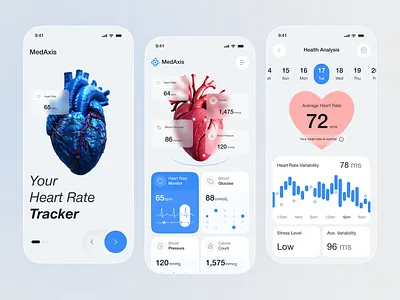 MedAxis – Heart Health Monitoring Mobile App UI appdesign healthapp healthcareui healthtech heartrateapp medicalapp mobileappdesign uiuxdesign uxdesign
