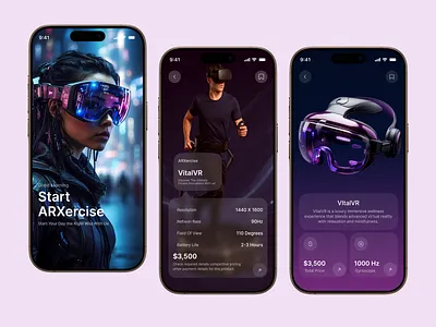 ARXercise – Smart VR Training App UI Design ai shopping app design appui ar augmented reality automation cinematic ecommerce app fitness app design futuristiveui mobile app mobile app design saas spatial computing virtual reality virtual reality app vr vr headset vrfitness wellness app
