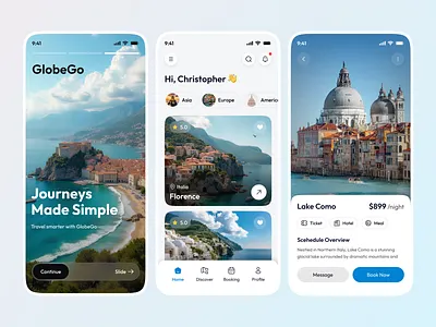 GlobeGo – Travel Booking Mobile App UI adventure booking app branding clean ui exploration explore flight app flight booking app mobile mobile app mobile app design tourism travel travel app travel booking app traveling trip uiux vacation wanderlust