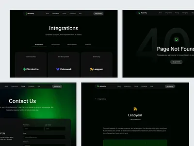 Autonity - AI Automation Integrations Page ai animate artificial intelligence automation b2b clean crm dark theme dynamic green flow integration marketing modern saas startup ui design uiux web design workflow optimation