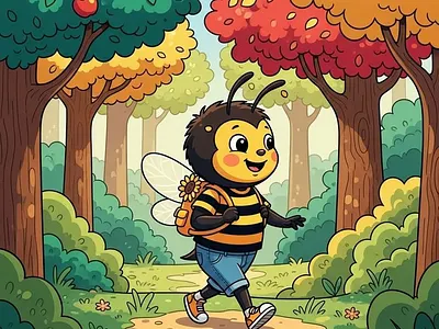 Little Wings, Big Adventures! apple orchard autumn palette backpacker character bee illustration bumblebee art character design character development childrens book illustration childrens publishing colorful vector cute animal characters digital illustration forest adventure kidlitart nature illustration nursery decor picture book artist storybook art vibrant art whimsical drawing