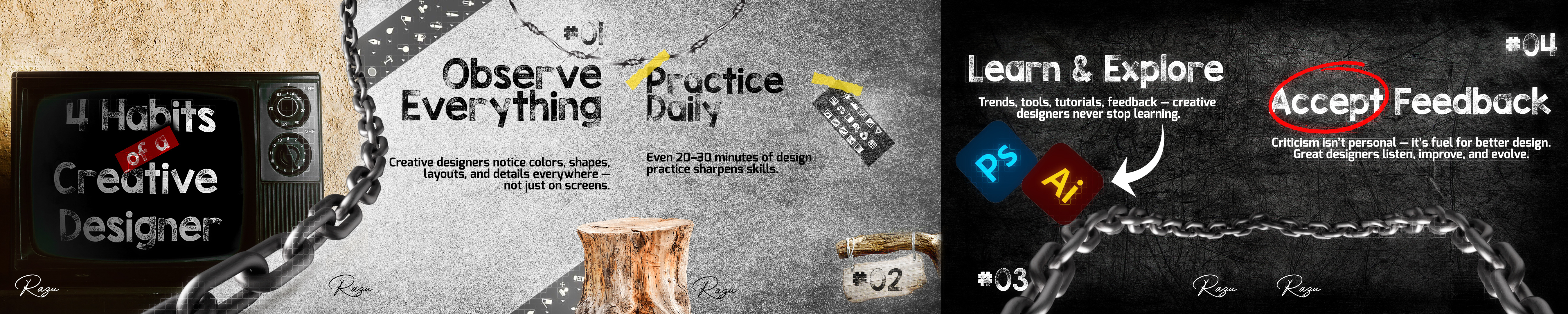 4 Habits of a Creative Designer — Visual branding carousel carouseldesign conceptdesign content creativedesigner design designmindset facebook content graphic design graphic designer illustration instagram socialmedia socialmedia content