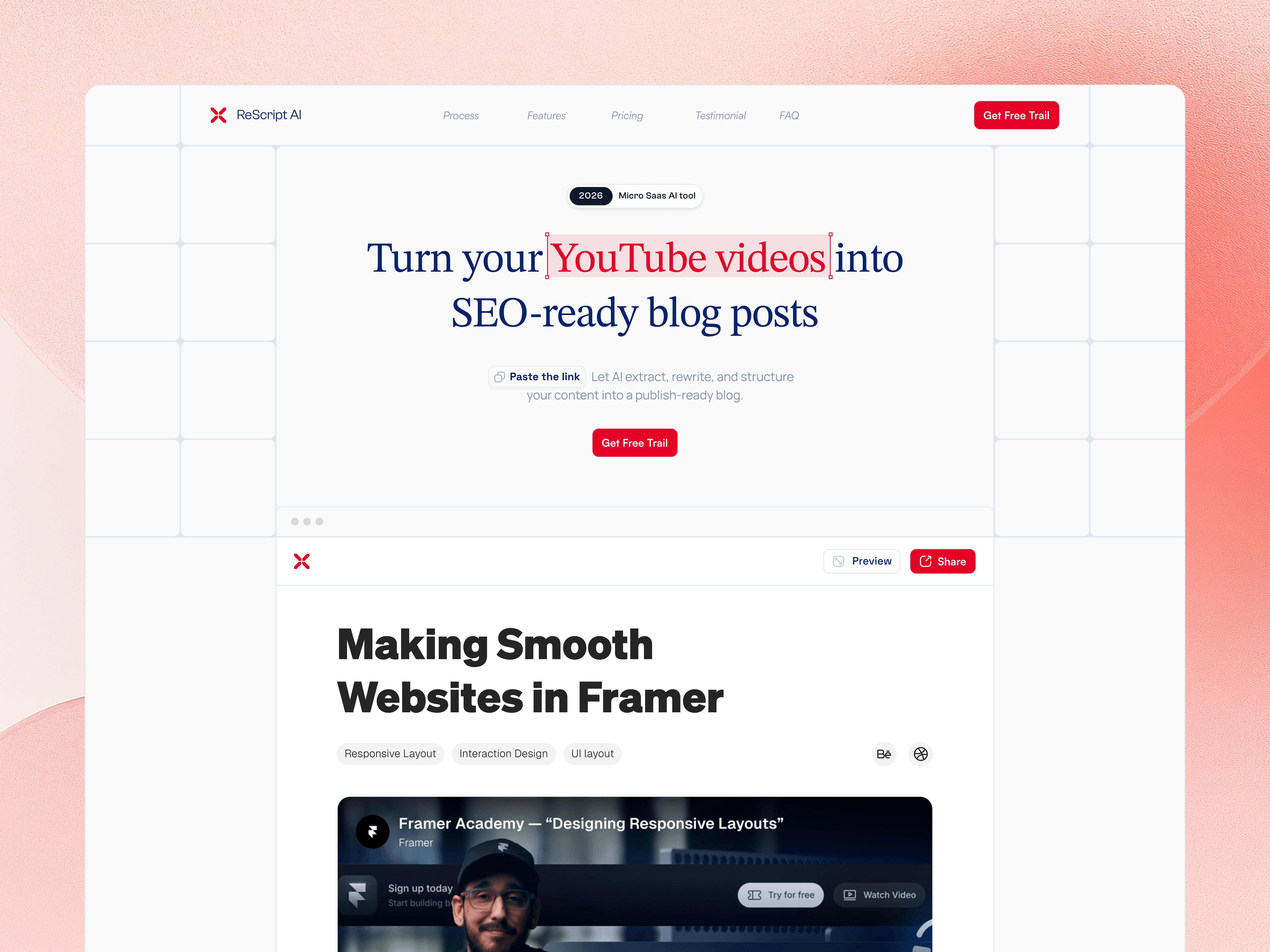 Example of AI SaaS Landing Page Template (Framer)