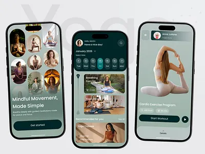 Yoga Mobile App UI Design app design app screen appdesign figma fitnessapp healthapp interfacedesign meditationapp mindfulnessapp mobile design mobiledesign mobileui productdesign ui uidesign uiux ux uxdesign wellnessapp yogaapp