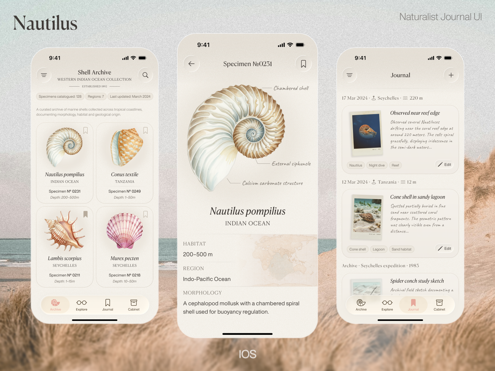 🐚 Nautilus — Naturalist Journal App app design archive editorial design exploration ios ios app ios ui journal marine minimal ui mobile app mobile design mobile ui natural history nature app ocean product design ui concept ui design vintage
