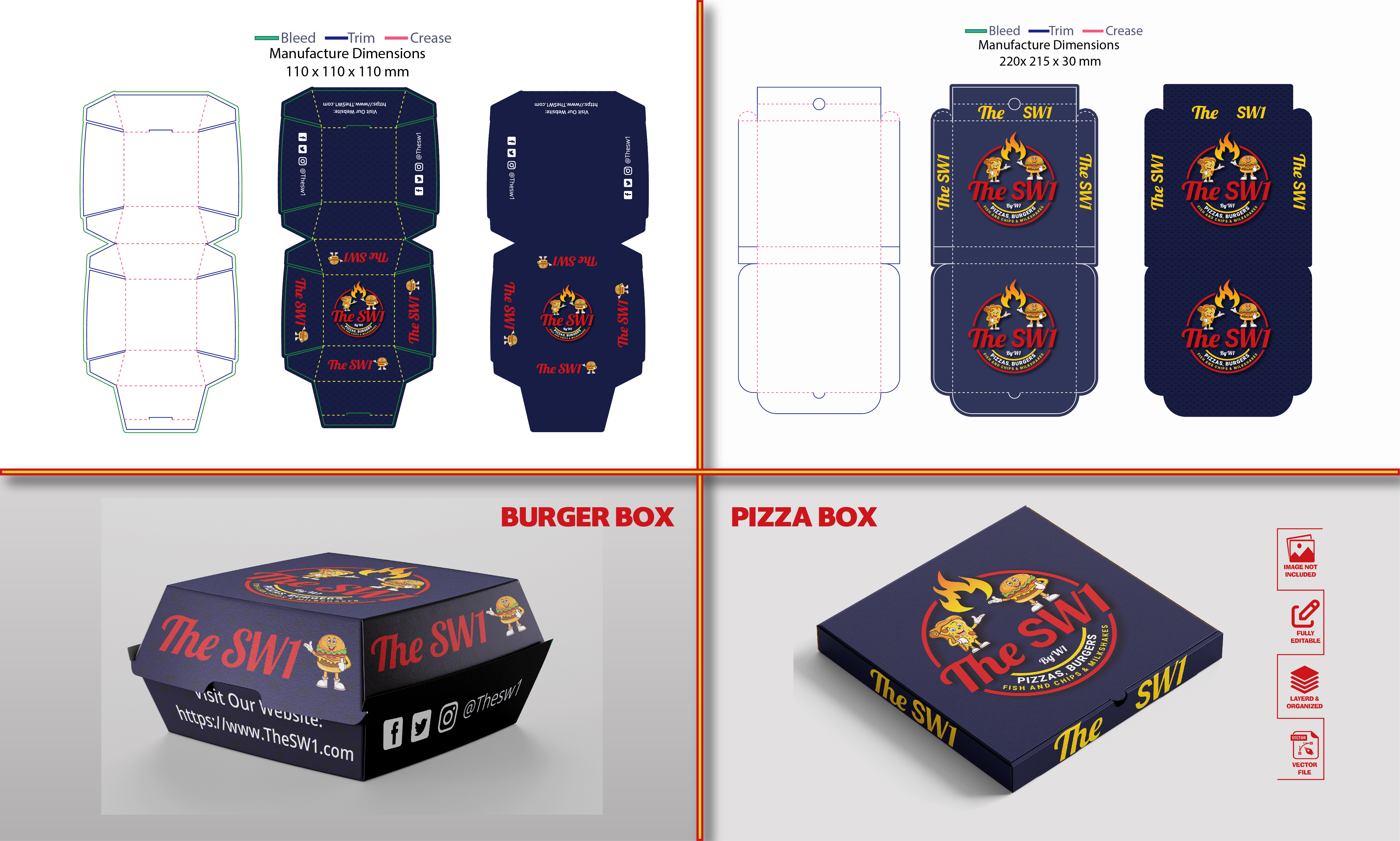 Precision Packaging Tailored Solutions for Diverse Food Product branding burger box design fast food logo food logo pizza packaging
