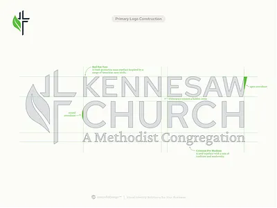 Kennesaw Church Primary Logo Design Construction Details alignment behind the scenes branding christian church logo combination mark cross details fonts grid leaf logo construction logotype modern church overshoot religion symbol typography wordmark