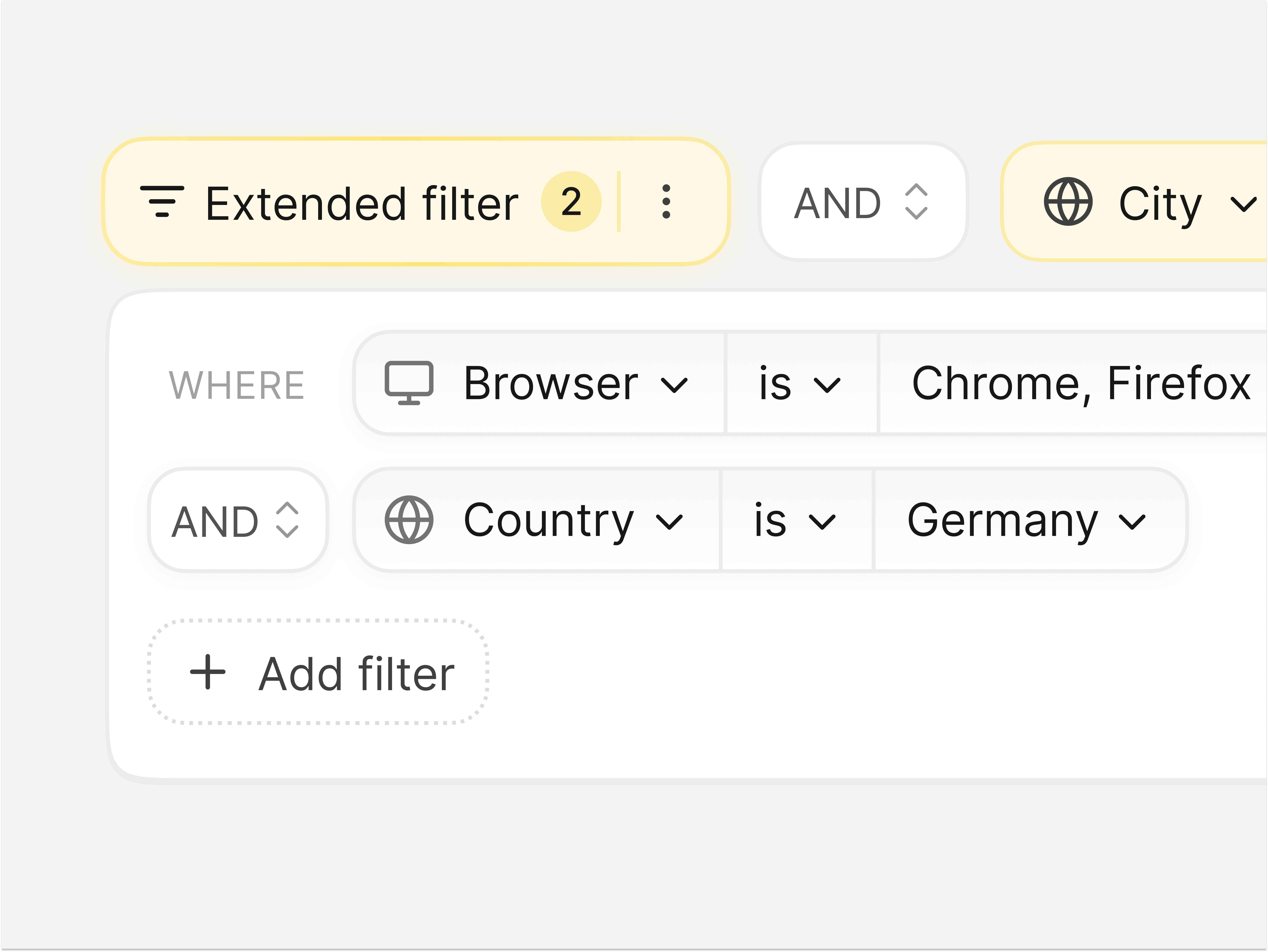Filter detail - Countly UI ai analytics app builder dashboard dropdown ecommerce filter filtering logic query rounded selector ui ux