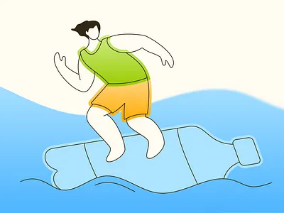 Surfer Character Illustration activity beach board bottle character coast figure illustration lifestyle motion ocean person plastic sea sport summer surfer surfing water wave