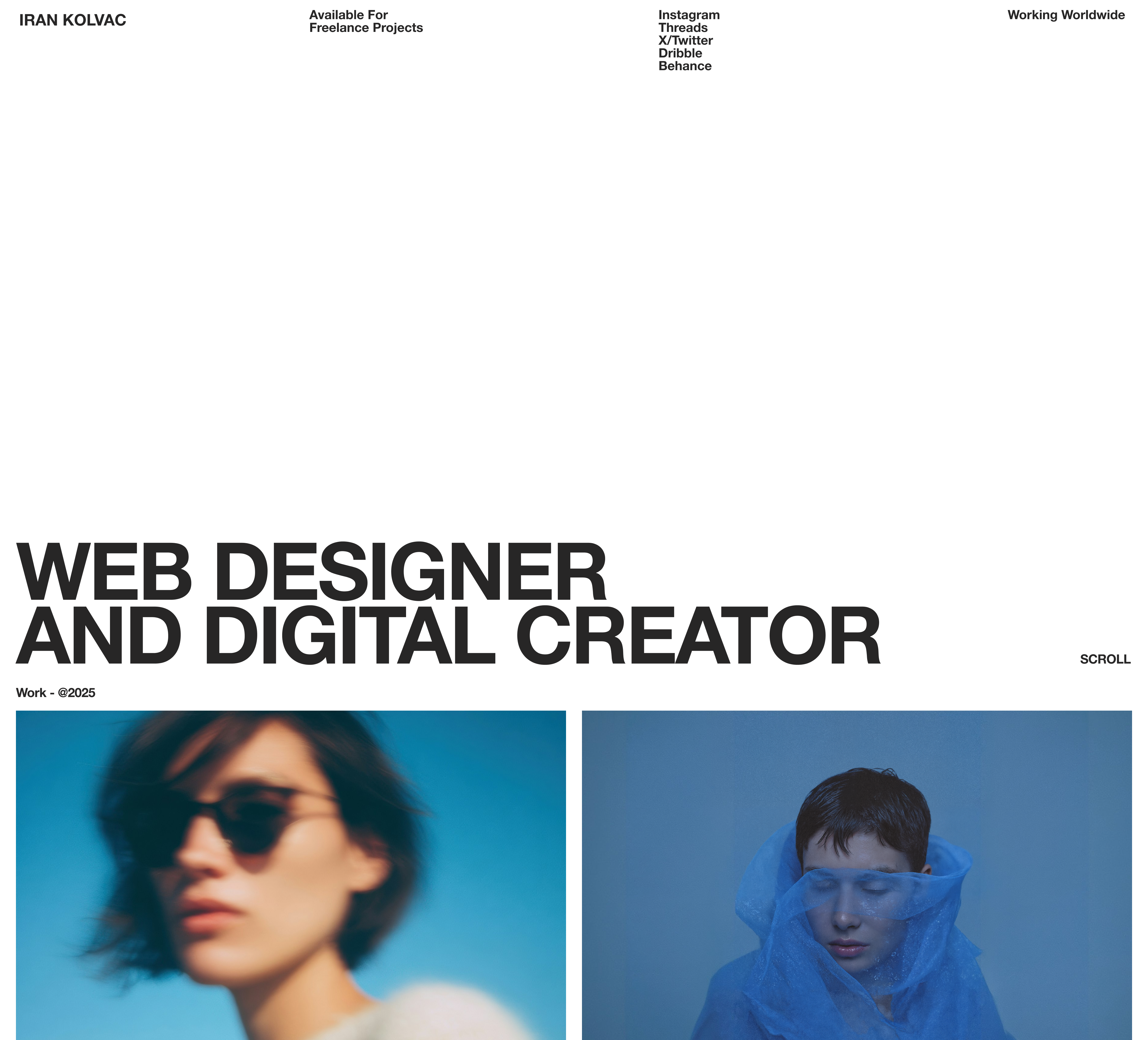 Iran Kolvac | Personal Portfolio · Light & Dark · Swiss Design black and white ui bold typography brutalist web design clean portfolio ui dark mode design editorial portfolio freelance designer site grid layout hero typography light dark toggle minimal portfolio oversized type personal portfolio portfolio website sans serif bold swiss typography typographic layout web design web designer portfolio whitespace design