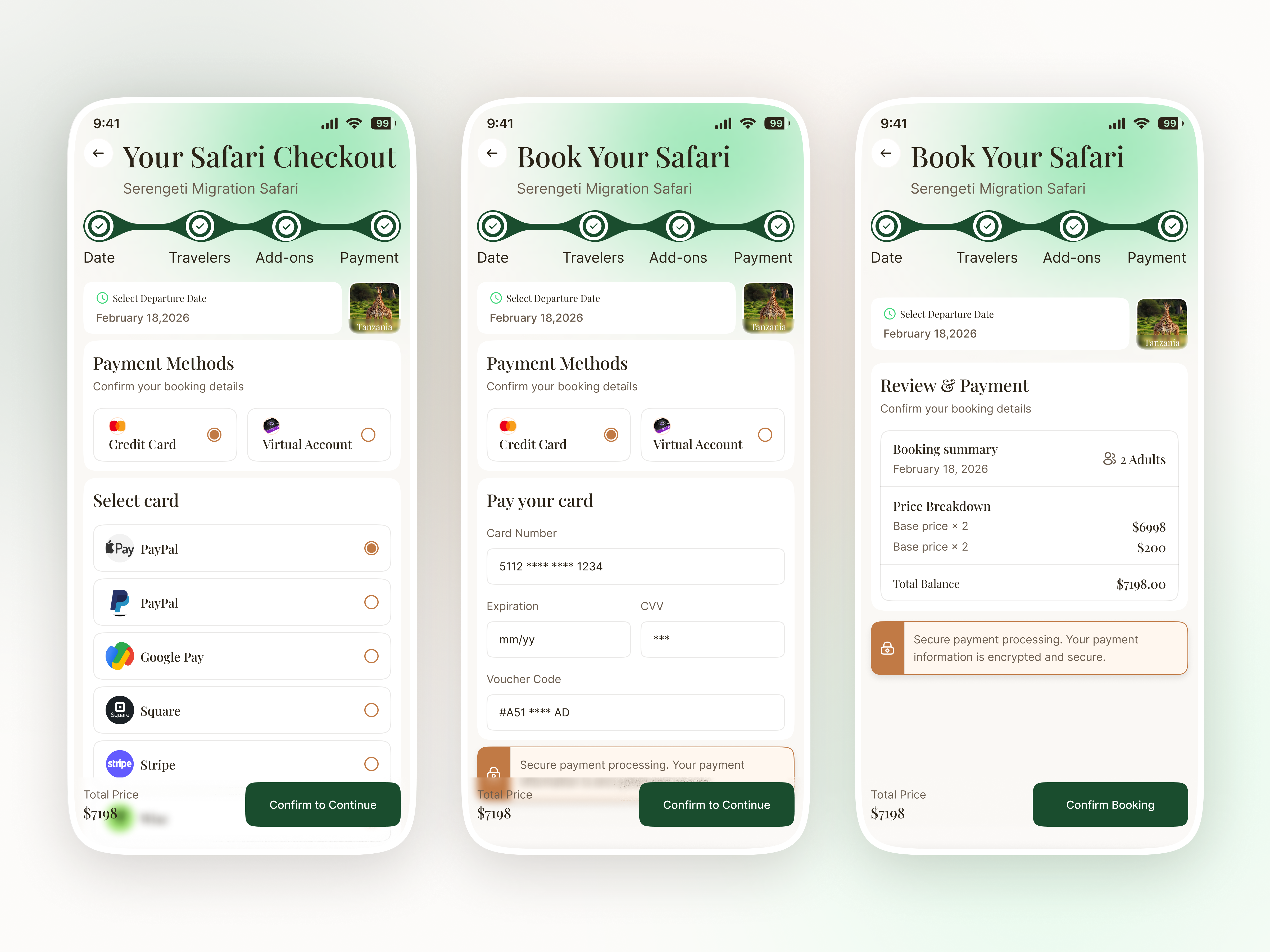 Premium Safari Booking Platform Mobile Apps app checkout billing booking app booking checkout booking flow checkout checkout design checkout page credit card e commerce ui interaction design mobile checkout mobile ui payment payment experience payment methods payment ui payrnent details product design travel app