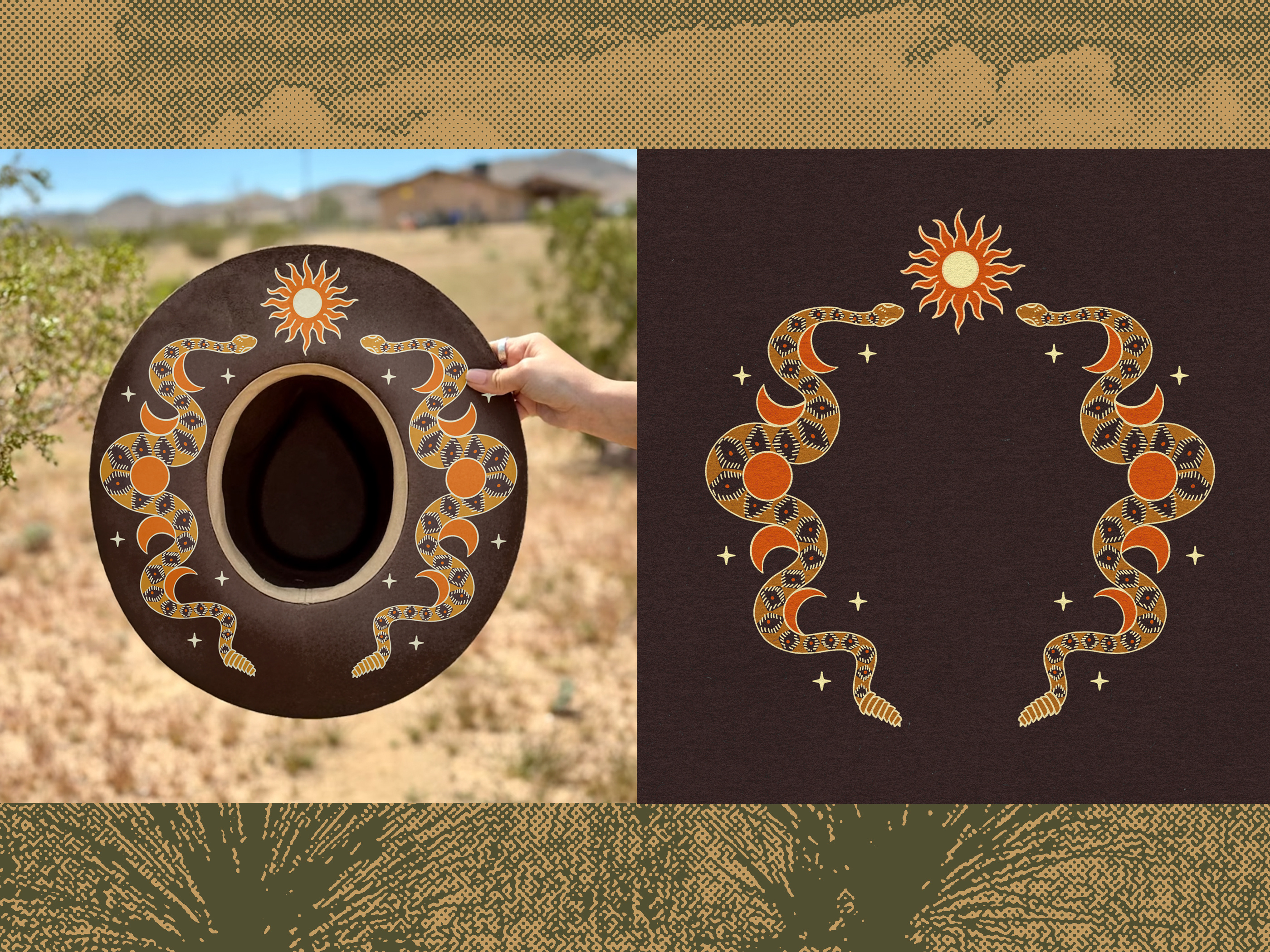 Celestial Serpent – Western Cowboy Hat Design apparel artwork boho design branding celestial design cowboy hat design hand drawn hat artwork illustration merchandise outdor design retrodesign serpent snake illustration sun vintage design vintage illustration vintage western western design