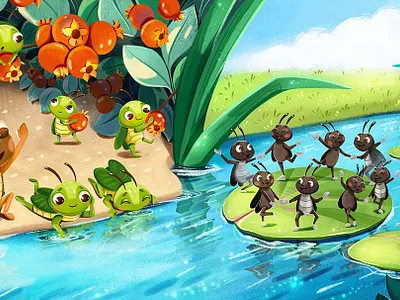 Riverside Revelry: A Tiny World of Wonder animal teamwork ant illustration berry harvest character design childrens book illustration childrens publishing digital painting fantasy nature grasshopper art insect art kidlitart miniature world narrative art nature illustration picture book artist riverside scene storybook style summer meadow vibrant colors whimsical art