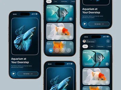 AquaKart – Aquarium Fish Store Mobile App UI Design aquarium app aquariumapp clean ui ecommerce app fish app fish buying app fish shopping app fish store apo glassmorphism mobile app mobile app design mobile app development modern mobile ui on demand app online shop online shopping pet marketplace product design shopping app web