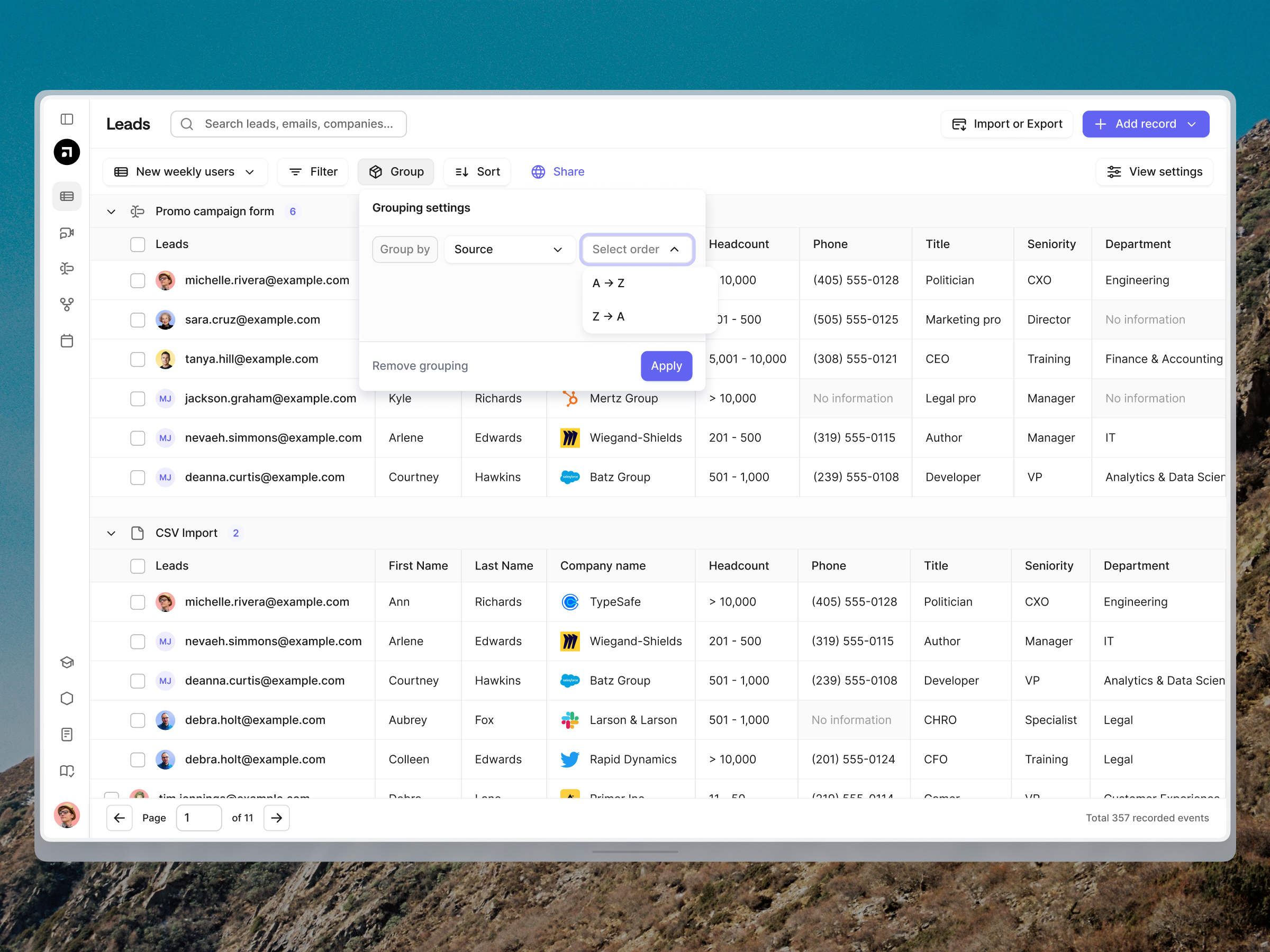 Pipeline manager Table view (Grouping records) ai apollo bigdata clay clearbit crm dashboard data default enrichment filters groups modal pipeline records side panel table view