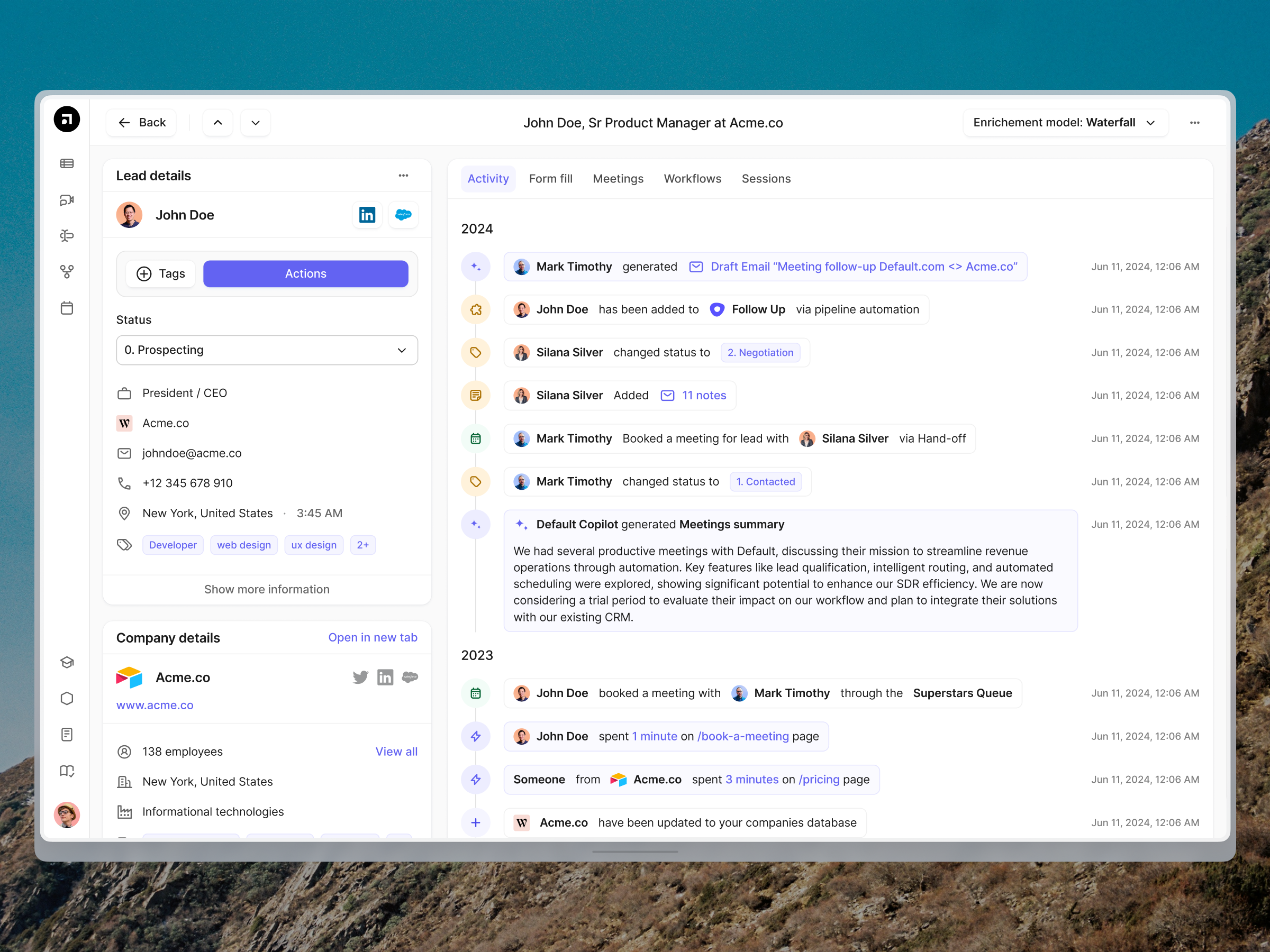 Default.com — Pipeline manager (Record timeline) actions activity ai apollo clay clearbit crm data detailed page details enrichment list listing llm menu record side panel timeline ui