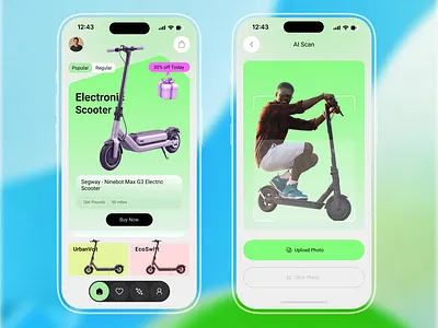 Scootopia – AI Electric Scooter Shopping Mobile App UI ai app ai scan app design clean ui ecommerce app electric scooter marketplace app mobile ui mobility app mobility ui modern ui product app product design scooter app shopping app tech app ui design ux design