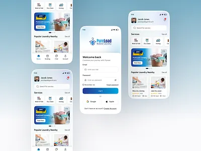 CleanWash – Laundry Service App Interface app design clean mobile interface cleaning app cleaning service clothing app dry cleaning app home service mobile app laundry laundry app design laundry pickup app ui location map mobile app design on demand service app service app service booking app design service marketplace design ux design wardrobe