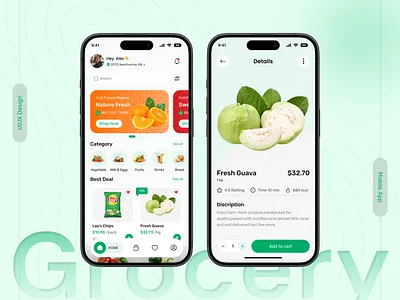 Grocery Mobile App UI/UX ai app cart ui checkout flow design veli ecommerce app food grocery app minimal design mobile app mordern ui offer banner online shopping product details product page retail app shopping app smart buy super shop ui design uiux