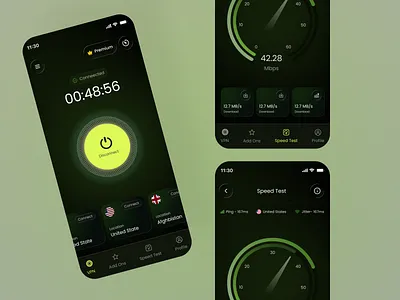 Modern VPN Mobile App UI app design app interfaces home screen location app mobile mobile app mobile app design network security proton vpn app security app speed test ui design uiux design ux design vpn vpn app vpn connection vpn mobile app web