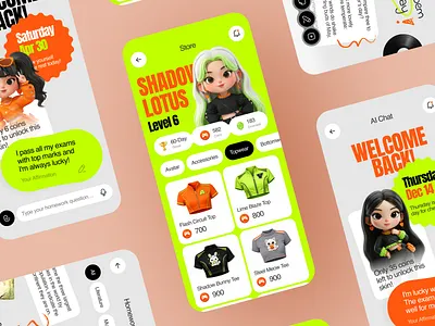 Gamified Kids Learning Mobile App UI ai chat app design avatar cartoon character character design edtech education app game ui gamification interface design kids app learning app mobile app mobile design mobile ui product design reward system ui design ui ux ux design
