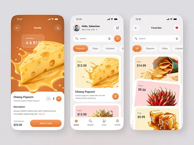 Snack Shop App – Food Ordering Mobile UI 3d food app design app ui cart ui ecommerce app food app food delivery app food odering food shop grocery app ios app mobile app design mobile ui modern ui product page product ui shopping app snack app store app ui ux design