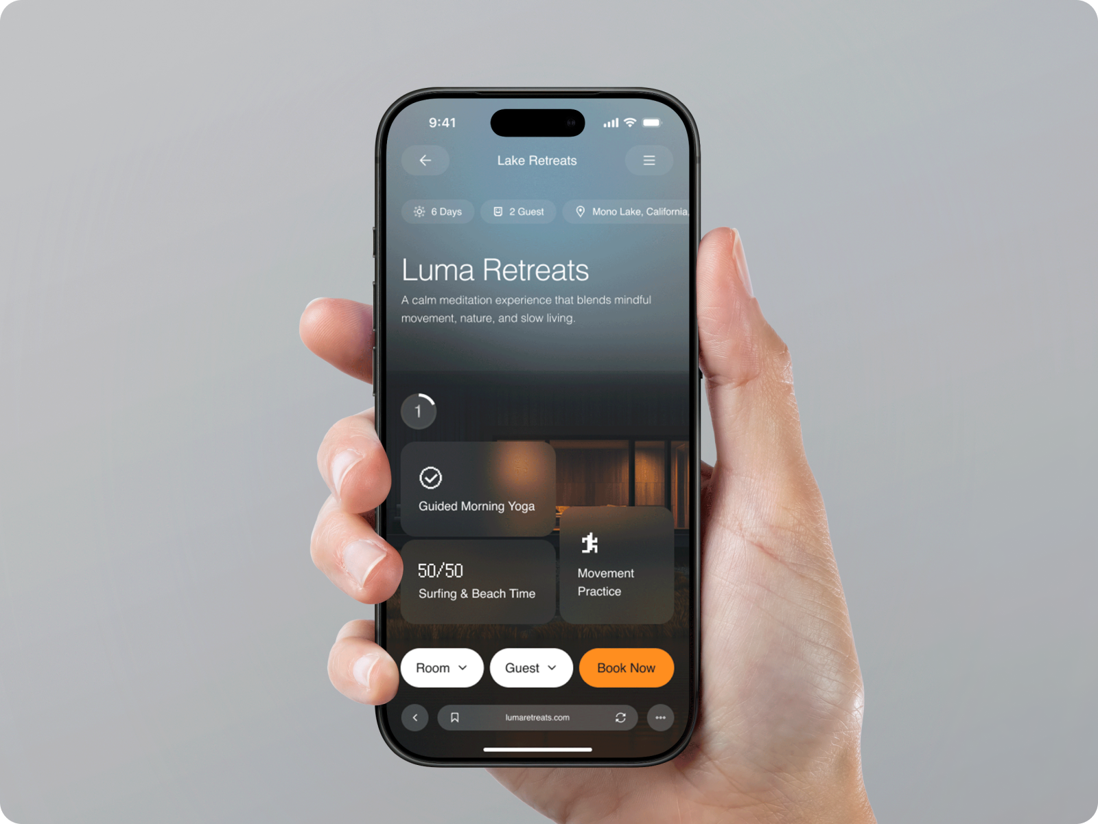 Luma Retreats: An Immersive Mobile Booking Interface booking system card design clean ui dark mode figma glassmorphism gradient hotel app interactive interior design lifestyle brand minimalist mobile app mobile web responsive design travel app ui design ux design vacation rental wellness