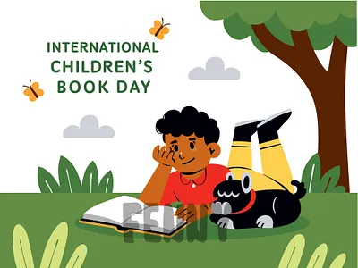 Curly Haired Child Lying on Grass background book bookstore cartoon celebratioin children day education event happy holiday kids library novel reading school stories story textbook