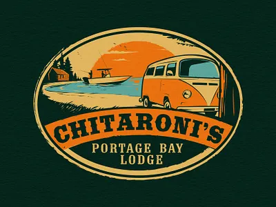 Chitaroni’s Portage Bay Lodge Vintage Travel Logo adventure logo americana vintage camper van camping logo fishing boat lakeside illustration lodge branding nostalgic design outdoor lodge retro badge retro illustration retro logo retro travel travel badge vintage adventure vintage badge vintage landscape vintage logo vintage travel vintage van